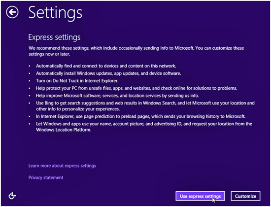 Microsoft Windows 8.1 Install settings information