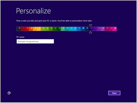 Microsoft Windows 8.1 Install personalize screen