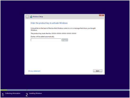 Microsoft Windows 8.1 Install Product Key Page