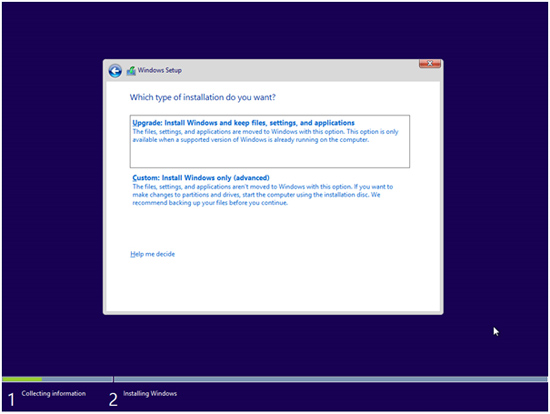 Microsoft Windows 8.1 Install Type of Install